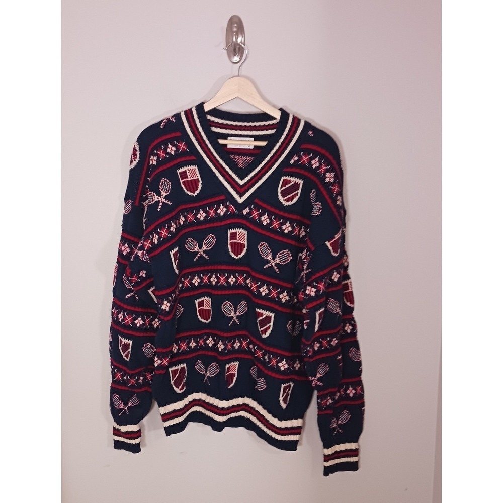 Vintage Tennis Crest Sweater XL Preppy Collegiate Dad Cotton Tricots St Raphael